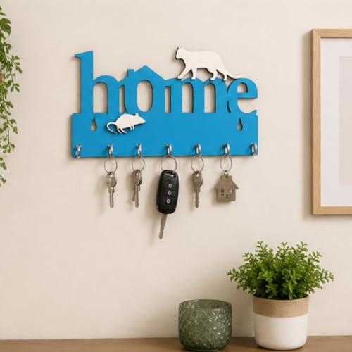 Image of Webelkart Premium Home Keys Wooden Key Holder (29 cm x 13.5 cm x 0.4 cm, Wood) 7 Hook - Decorative Items for Home Decor (Sky Blue)