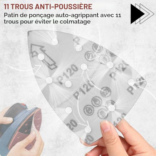 Sruhrak 60 pièces Abrasif pour Ponceuse 152 x 105 mm Feuille abrasive triangulaire, 11 trous avec crochets et boucles Grain 80 à Abrasif pour Ponceuse électrique Bois Métal Plastique – vue 9