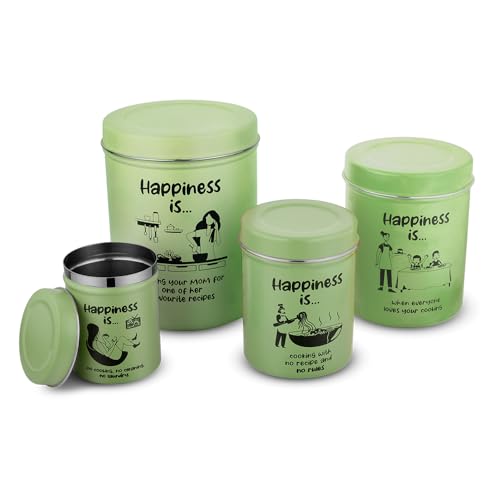Image of inchChromaJars inch Stainless steel Stylish Coloured printed storage containers set of 4 for Home & Kitchen 500Ml, 900ML,1750 Ml & 2900 Ml (GREEN)