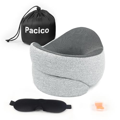 Pacico Travel Pillow, Neck Pillow, 100% Pure Memory Foam Sleeping Pillow for Car, Train and Airplane, Travel Kit with 3D Contoured Eye Masks and Earplugs, Grey Pacico Travel Pillow, Neck Pillow, 100% Pure Memory Foam Sleeping Pillow for Car, Train and Airplane, Travel Kit with 3D Contoured Eye Masks and Earplugs, Grey