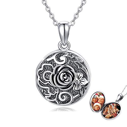 Locket Necklace That Holds Pictures Rose Flower Locket Necklace S925 Sterling Silver Vintage Oxidized Rose Flower Photo Pendant Family Jewelry Gifts for Women