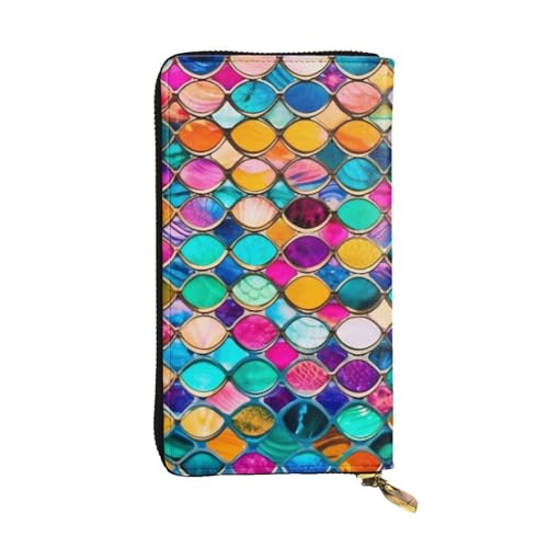 Women's Long Cash Wallet, PU Leather Elegant Clutch Change Purses with Zipper, Travel, Gifts (Colorful Mermaid Scale Print)