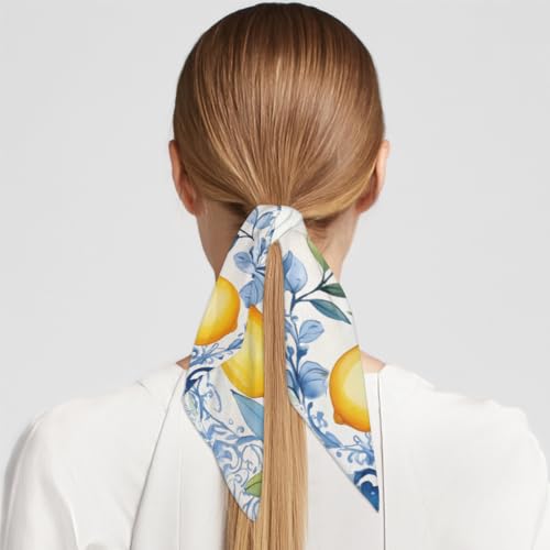 Watercolor Blue Leaves Yellow Lemon Silk Scarf for Women Girls Hair Head Silk Scarf Square Purse Satin Scarves Bandana Wraps4