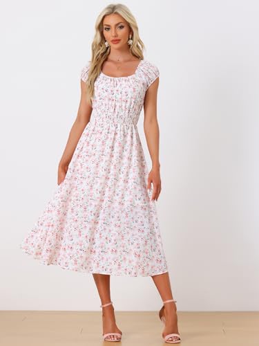 Image of Allegra K Women's Floral Dresses Square Neck Puff Short Sleeves Flare Midi Dress