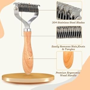Pet Dematting Comb for Dogs,Cats.Pet Undercoat Rake with Stainless Steel Blades for Knot Removal and Shedding Control.Cat Brush for Shedding Dematting with Wood Handle. Pet Dematting Comb for DogsCatsPet Undercoat Rake with Stainless Steel Blades for Knot Removal and Shedding ControlCat Brush for Shedding Dematting with Wood Handle