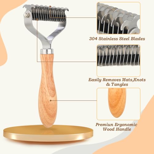Pet-Dematting-Comb-for-DogsCatsPet-Undercoat-Rake-with-Stainless-Steel-Blades-for-Knot-Removal-and-Shedding-ControlCat-Brush-for-Shedding-Dematting-with-Wood-Handle Pet Dematting Comb for DogsCatsPet Undercoat Rake with Stainless Steel Blades for Knot Removal and Shedding ControlCat Brush for Shedding Dematting with Wood Handle