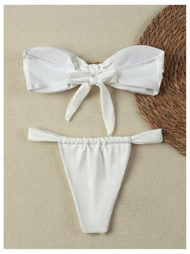 GORGLITTER Women's Flower Strapless Bandeau Swimsuit High Cut String Thong Bikini Set Bathing Suit2