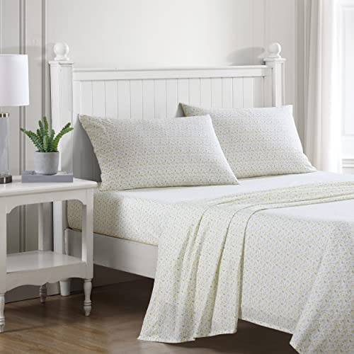 Image of Laura Ashley - Queen Size Sheet Set, Crisp & Lightweight Cotton Percale Bedding with Fitted Sheet and Pillowcases, Floral Room Decor, Deep Pocket, College Dorm Room Essentials (Evie Yellow)