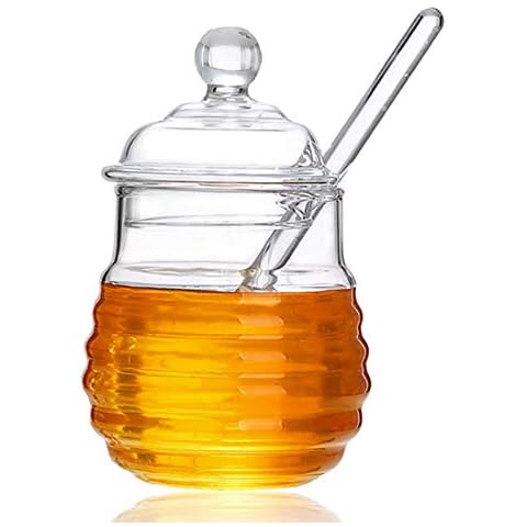 Kingbuy Honey Jar Glass Honeypot with Dipper and Lid Cover Honey Containers for Home Kitchen, 9 Ounce, Clear Cover