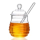 Kingbuy Honey Jar Glass Honeypot with Dipper and Lid Cover Honey Containers for Home Kitchen, 9 Ounc