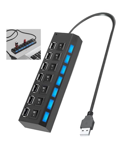 USB Hub 2.0 7 Ports, 500 Mbps Multi Port Hub avec Interrupteurs Individuels, Adaptateur Multiport avec Indicateur LED, Multiplicateur USB pour Ordinateur PC Souris Clavier Disque U
