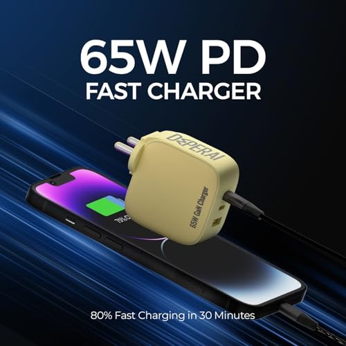Image of DeperAI 65W 3-in-1 Fast Charger Adapter, Compatible with iPhone and Android-Samsung, Realme, Redmi,Oppo, Vivo, iPad, and Others, Wall Adapter GaN III PD3.0 Charger, Supports UFCS, Wrap (Yellow)