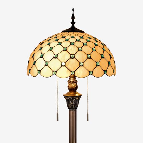 Image of Tiffany Style Floor Lamp, 16 inch Stained Glass Pastel-hued Grey Blue Domed Shade with Antique Bronze Base, 2-Light E26 Pull Chain Standing Reading Light for Living Room, Bedroom,16x16x64 Inches
