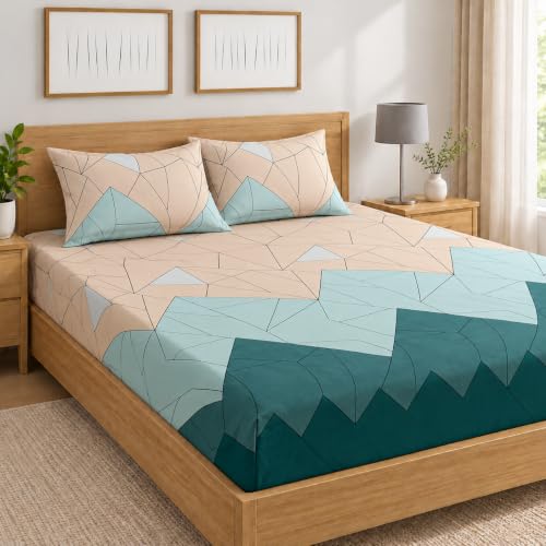 Image of Cloud Cotton Fitted Bedsheet King Size Bed with 2 Pillow Covers | All Around Elastic | 220 TC | Wrinkle Free & Breathable | Deep Pocket Fits Mattress Upto 8 Inches | Bed Cover- Teal Ombre Green