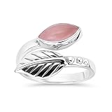 Anillo ajustable de hoja de cuarzo rosa, anillo de plata de ley...