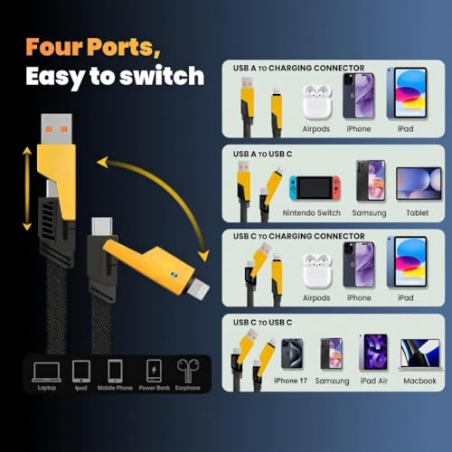 Image of 4-in-1 120W Fast Charging Cable, Nylon Braided Multi Charging Cord with USB-I, USB-C, C-to-C & I-to-C, Universal Charger Cable for iPhone, Samsung, OnePlus, Android Phones - Yellow