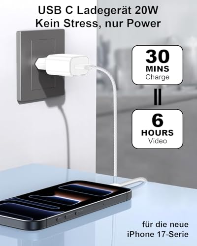 Snelle USB C-Oplader iPhone 17/16/15, 20W-Oplader USB C-Aansluiting en Usb c-Kabel 2M Snelle oplader iPhone USBC-oplader voor iphone 17/17 Pro Max/Air/16e/16 15 Plus/16 15 Pro Max, Pad, Netadapter - Afbeelding 3