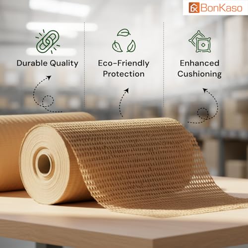 Image of BonKaso Honeycomb Paper Wrap Roll 50M x 15 Inch | 80 GSM Eco-Friendly Brown Packaging Roll | Cushioning & Shockproof Wrap for Fragile Items | Sustainable Packing Material for Shipping