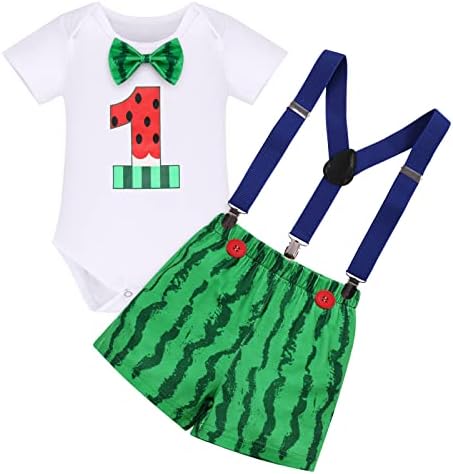 Watermelon 1st Birthday Outfit Boy Baby Cake Smash One in a Melon Gentleman Bowtie Romper Suspenders Toddler Bloomers Shorts First Watermelon Birthday Party Supply for Photo Shoot Clothes 1 Year