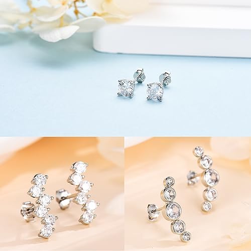 Silver Stud Earrings for Women, 6 Pairs 925 Sterling Silver Small Stud Earrings Star Moon Ball Heart Flower Bar Round Cross Studs Earrings Set Cubic Zirconia Studs Jewelry Gift for Teens Girls