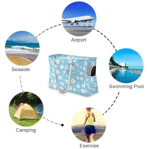 Simple Blue Daisy Portable foldable beach bag for travel with zipper teacher tote bags for women for Pool Gym Grocery Travel4