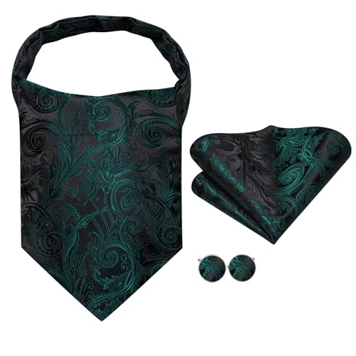 Image of Hi-Tie Silk Ascot for Men Self Tie Men's Cravat and Flower Lapel Pin Handkerchief Cufflinks Set for Wedding Party