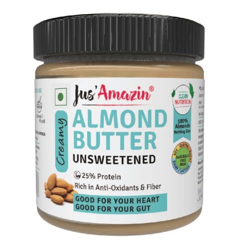 Image of Jus' Amazin Creamy Almond Butter - Unsweetened (200 g) | 25% Protein | Only Pure Whole Almonds | Zero Additives /Chemicals | Plant Based, Dairy Free, Keto | Clean Nutrition, 0% Chemicals.