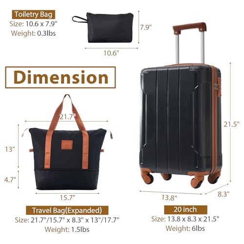 Merax 3 Piece Luggage Set, ABS Hardside Lightweight Suit case with Spinner Wheels TSA Lock, 20in (Black Brown 3set, 20 IN & Travel Bag)3