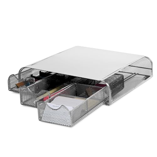 Mind Reader Perch Monitor Stand Desk Organizer, Silver Metal Mesh