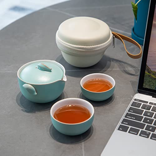 Heer Chinese Gaiwan Tea Set For Loose Leaf Tea, Ceramic Portable Travel Kungfu Teapot With 2 Teacups For Adults, Japanese Style Tea Accessories For Tea Lovers. (Cyan) #TOP1