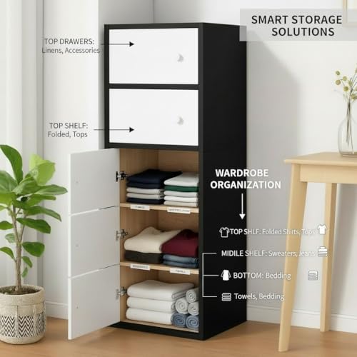 Image of 5-Door Morden Wooden Collapsible Wardrobe for Storage /Space Saving Wooden Wardrobe with Doors /Collpsible Storage Organiser /Living Room -Mapple (Black, 5 Layer)