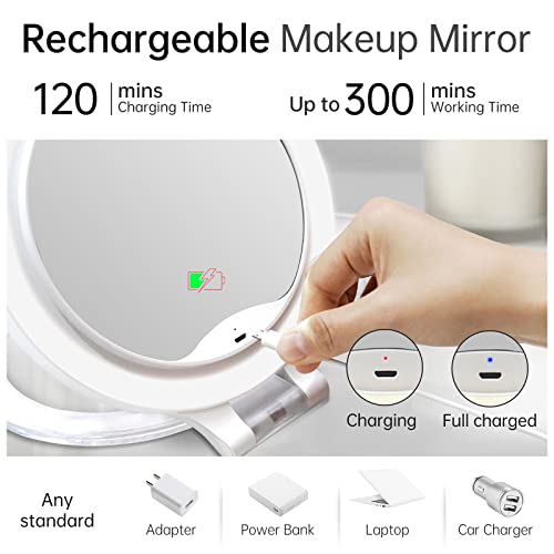 Rechargeable Magnifying Makeup Mirror 10X/1X Double Sided Lighted Travel Makeup Mirror With 3 Color Light Adjustable Rotation, Led Vanity Tabletop Portable Desk Cosmetic Foldable Mirror No Bag #TOP5