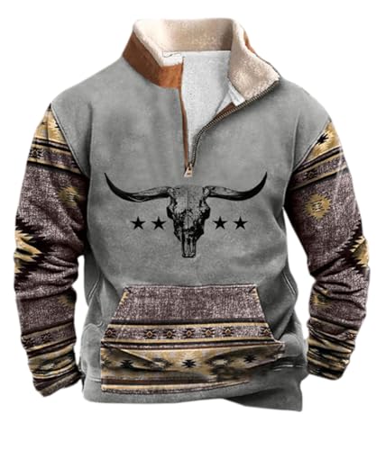 Men's Vintage Aztec Western Cow Skull 1/4 Zip Up Stand Collar Pullover Ethnic Tribal Sweatshirts Tops