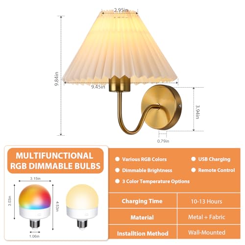 Image of Battery Operated Wall Sconces Set of 2, Gold Wireless Rechargeable Wall Sconces with Remote Control & Magnetic Bulbs, Dimmable 15 Colors Pleated Shade Wall Lights for Bedroom, Living Room Decor Gift