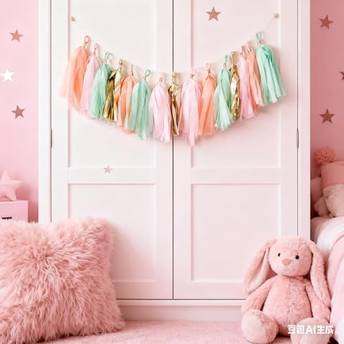 Hand Made 16 x Mint Pink Gold Apricot Tissue Paper Tassels for Party Wedding Gold Garland Bunting Pom Pom by Originals Group