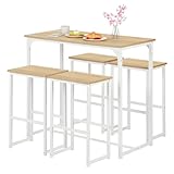 Ensemble table et chaise salle a manger 5 pièces: Cet ensemble salle a manger comprend une table haute mange debout et 4 tabourets, offrant une solution complète pour les repas quotidiens, les pauses café, les boissons légères ou les moments conviviaux en famille ou entre amis