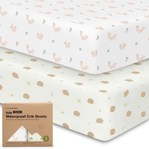 Waterproof Crib Sheets for Boys, Girls - 2-Pack Bamboo Fitted Cot Sheet, Waterproof Mattress Protector, Baby Cot Sheets Neutral, Cot Mattress Sheet, Toddler Bed Sheets, Baby Sheets (Nibbles/Bruce)