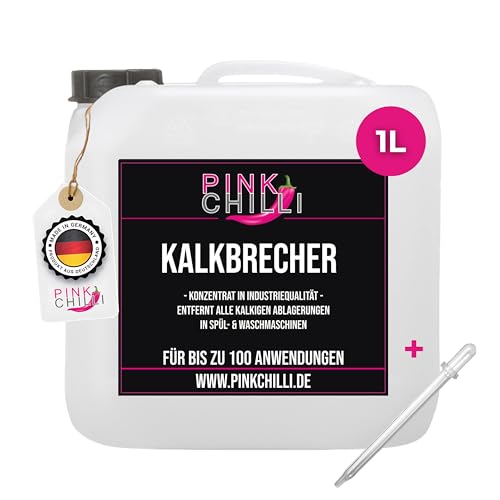 Pink Chilli Limpiador de cal de 1 l, para lavadoras y lavavajillas, aprox. 100 aplicaciones, eliminador de cal extrafuerte, limpiador industrial antical contra depósitos de cal, descalcificador