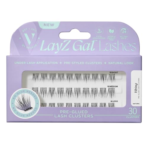 LayZ Gal™ Lash Clusters, Self Adhesive Eyelashes, Individual Lashes Kit, Lash Cluster Kit, Natural Lashes, Pre Styled Flare Shape, Natural Volume, No Glue Needed (Vibing)