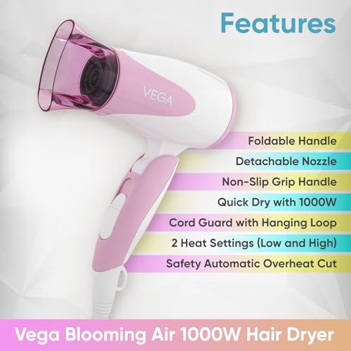 Vega Blooming Air Foldable 1000 Watts Hair Dryer for Women with Quick Dry, Flexiable Heat Setting and Detachable Nozzle, Automatic Overheat Cutout (VHDH-05), (Made in India) - Image 3
