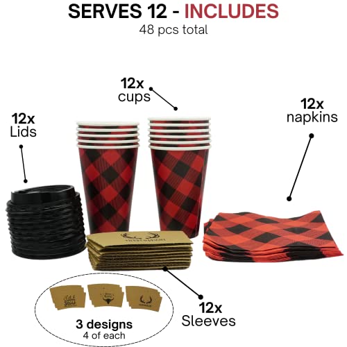 4E's Novelty 16Oz Christmas Buffalo Plaid Cups With Lids, Cup Sleeves, Napkins(12 Packs) Insulated Disposable Paper Coffee Cups For Hot Cocoa Party Supplies, Hot Chocolate Bar #TOP2