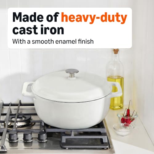 Image of Amazon Basics Enameled Cast Iron Dutch Oven Pot with Lid, Round, Dual Handles, Heavy-Duty, Oven Safe for Stews, Roasting, Baking, 7.3-Quart, Matte White