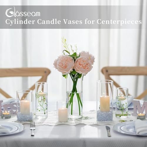 Glasseam Glass Cylinder Vase for Flowers 24Pcs, Modern Tulip Vases Hurricane for Pillar Candles, Decorative Clear Flower Vase for Pampas Grass, Wedding Dining Table Centrepiece (10/15/20cm) - Image 3
