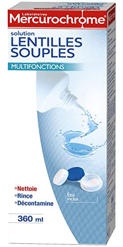 MERCUROCHROME - Solution Lentilles Souples - Nettoyage - Décontamination - Rinçage - Conservation - Humectage - Antidépôt de protéines - Etui inclus - 360 mL