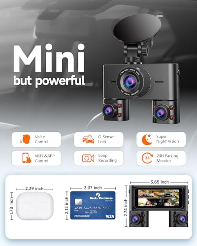 HUPEJOS 2K 4 Channel Dash Cam Front and Rear Inside, 360° View Car Camera, Dash Camera for Cars Built-in Wi-Fi, Dashcam with 64GB Card, Voice Control, WDR Night Vision, 24H Parking Mode, Mini Size, V7 - Image 2