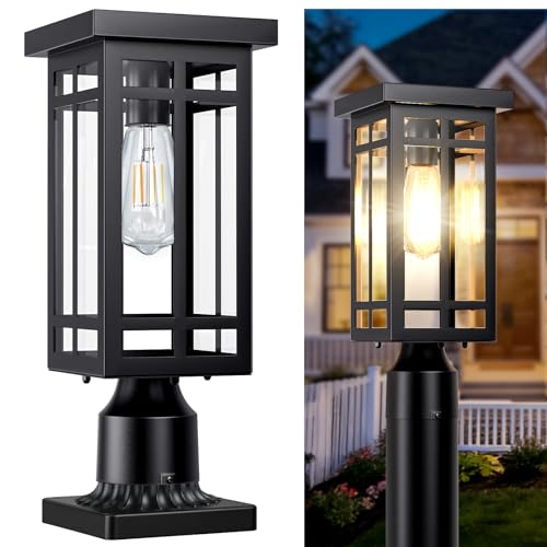 MYHXQ 14'' Outdoor Solar Post Light, Dusk to Dawn Solar Lamp Post Light, Black Lamp Posts Light Fixture, Waterproof Outdoor Pole Lights for Yard Garage Porch Patio, 1Pack (Included Mounting Base)