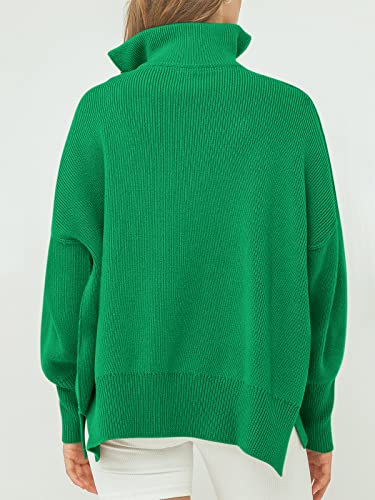 Anrabess Women's Quarter Zip Oversized Sweater Half Zipper Long Sleeve Collar Lapel Drop Shoulder Casual Lightweight Slouchy Soft Split Hem 2023 Fall Sweatshirt Pullover Outfits 566Qinglv-M Green #TOP4