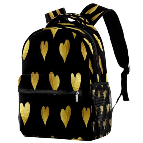 Sac à dos d'école noir aux cœurs dorés pour ados et filles 29x20x40cm