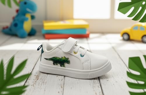 Image of Myau Kids Classic White Sneakers with Dinosaur Detail, Hook and Loop Straps, Casual Style, for 1-5 Years