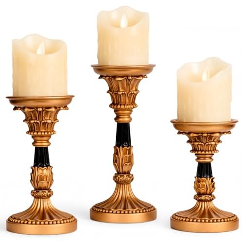 Vintage Candle Holders Set of 3 – Hand-Painted Resin Pillar Candle Stands – Antique Gold Decorative Candle Holder Set for Table Centerpiece, Mantel, Wedding, and Home Decor